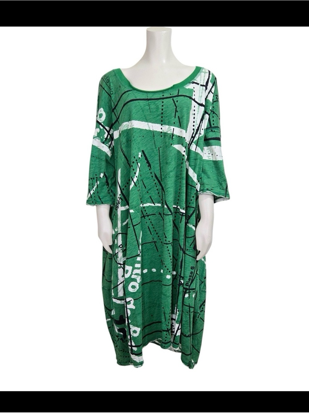 Abstract Green Midi Dress with White & Black Graphic Print
